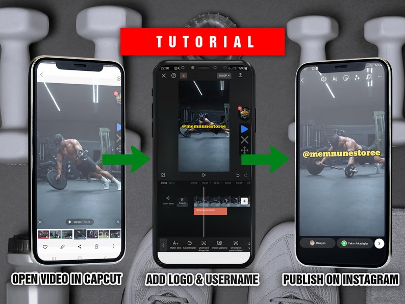 May include: A tutorial on how to create and publish a video on Instagram using the CapCut app. The tutorial shows how to open a video in CapCut, add a logo and username, and then publish the video on Instagram.