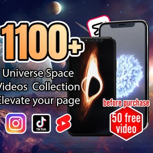Puede incluir: Una imagen digital que muestra una colección de más de 1100 videos del universo y el espacio. La imagen incluye un teléfono negro con una pantalla que muestra un agujero negro. El texto "antes de la compra" y "50 videos gratis" está en rojo. El texto "gracias mi amigo" está en negro.