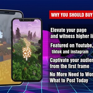 May include: Two screenshots of a mobile phone displaying a Minecraft-style video game scene. The scene features a path lined with glowing lights, surrounded by trees and foliage. The text on the screen reads "WHY YOU SHOULD BUY IT", "Elevate your page and witness higher likes", "Featured on Youtube, tiktok and instagram", "Captivate your audience from the first frame", "No More Need to Wonder What to Post Today".