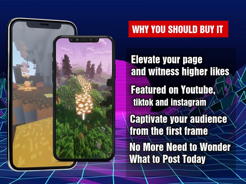 May include: Two screenshots of a mobile phone displaying a Minecraft-style video game scene. The scene features a path lined with glowing lights, surrounded by trees and foliage. The text on the screen reads "WHY YOU SHOULD BUY IT", "Elevate your page and witness higher likes", "Featured on Youtube, tiktok and instagram", "Captivate your audience from the first frame", "No More Need to Wonder What to Post Today".