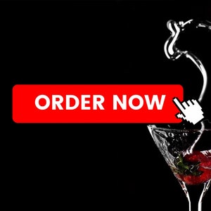 May include: A red button with the text "ORDER NOW" and a white cursor hovering over it. A glass filled with water and a strawberry is in the background.