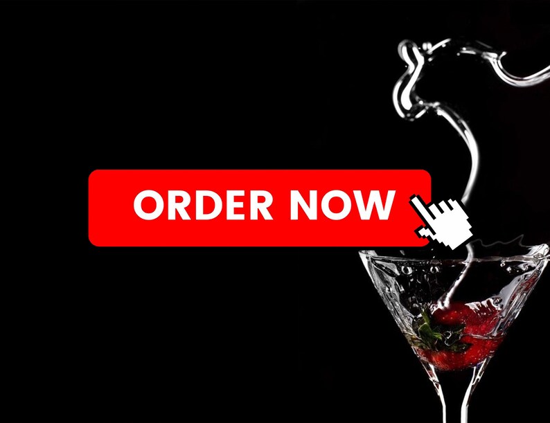 May include: A red button with the text "ORDER NOW" and a white cursor hovering over it. A glass filled with water and a strawberry is in the background.