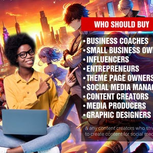 Puede incluir: Un gr&aacute;fico con una pancarta roja que dice "Qui&eacute;n deber&iacute;a comprar" y enumera varias profesiones, incluyendo entrenadores de negocios, propietarios de peque&ntilde;as empresas, influencers, emprendedores, propietarios de p&aacute;ginas tem&aacute;ticas, administradores de redes sociales, creadores de contenido, productores de medios y dise&ntilde;adores gr&aacute;ficos. El gr&aacute;fico tambi&eacute;n incluye a una mujer sentada con una computadora port&aacute;til frente a ella.