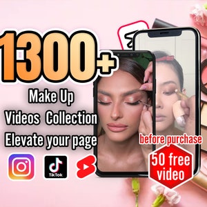 May include: A collection of over 1300 makeup tutorial videos. The image shows a phone screen displaying a makeup tutorial, with the text "before purchase 50 free video" on a red hexagon. The image also includes social media icons for Instagram, TikTok, and YouTube.