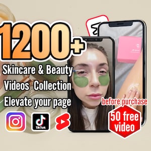 May include: A digital marketing image promoting a collection of over 1200 skincare and beauty videos. The image features a woman using skincare products, a phone screen displaying a video, and social media icons for Instagram, TikTok, and YouTube. The text "50 free video" is highlighted in red.