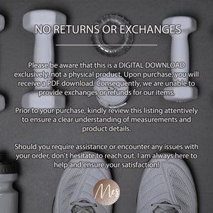 May include: A digital download graphic with the text "NO RETURNS OR EXCHANGES" and a message about the product being a digital download. The graphic features a variety of fitness equipment, including dumbbells, a water bottle, and sneakers.