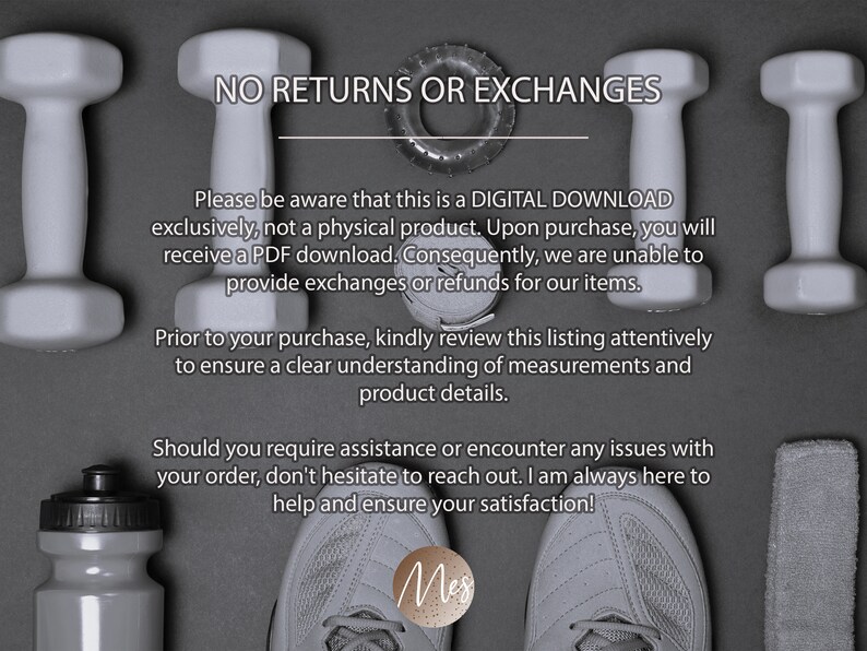 May include: A digital download graphic with the text "NO RETURNS OR EXCHANGES" and a message about the product being a digital download. The graphic features a variety of fitness equipment, including dumbbells, a water bottle, and sneakers.