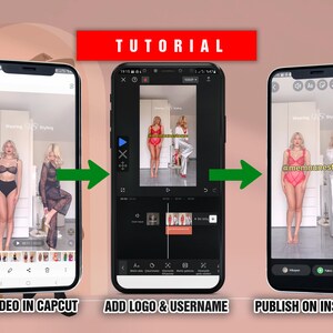 May include: A tutorial on how to add a logo and username to a video in the CapCut app and then publish it on Instagram. The video shows two women wearing different outfits.