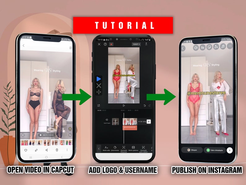 May include: A tutorial on how to add a logo and username to a video in the CapCut app and then publish it on Instagram. The video shows two women wearing different outfits.
