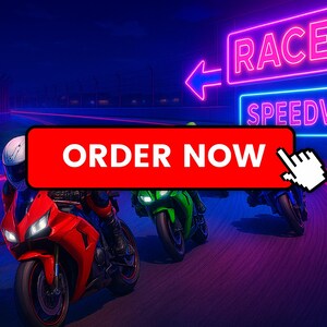 May include: A red, black, and white motorcycle races on a neon-lit track with a sign that reads "Race Speedway" and a red button that says "Order Now".