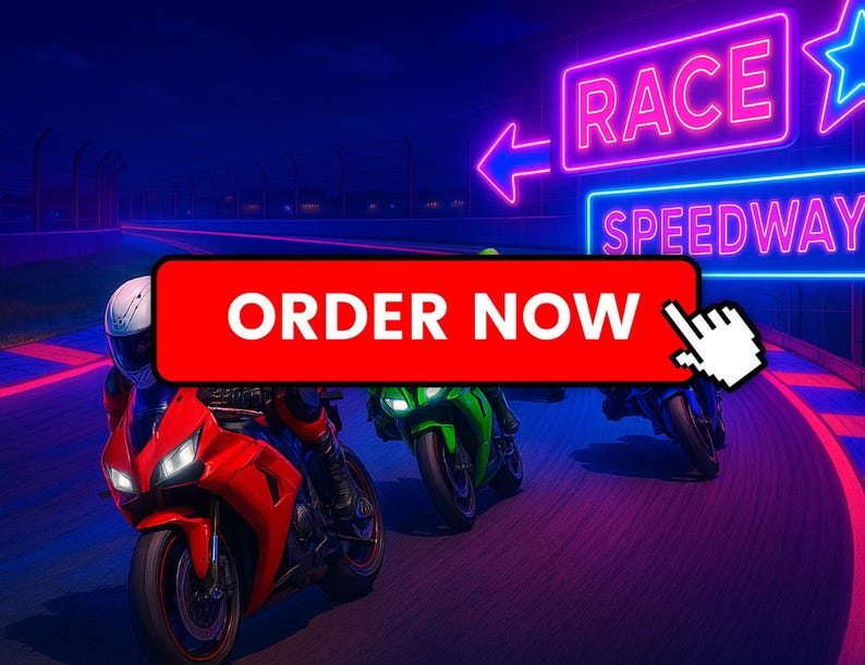 May include: A red, black, and white motorcycle races on a neon-lit track with a sign that reads "Race Speedway" and a red button that says "Order Now".