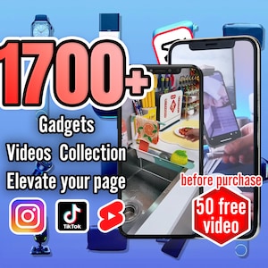 May include: A collage of images featuring a variety of gadgets, including smartphones, headphones, and smartwatches. The text "1700+ Gadgets Videos Collection Elevate your page" is displayed in red and white. The text "before purchase 50 free video" is displayed in red and white on a red hexagon. Social media icons for Instagram, TikTok, and YouTube are also included.