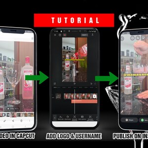 May include: A tutorial on how to create a video for Instagram using the CapCut app. The video shows a bottle of pink liqueur being poured into a glass. The video is then edited with a logo and username. The final video is then published on Instagram.
