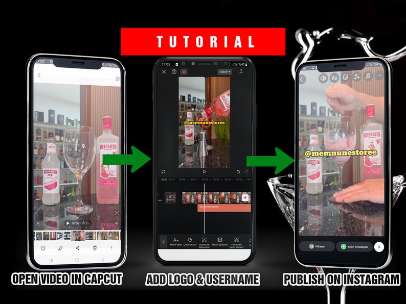 May include: A tutorial on how to create a video for Instagram using the CapCut app. The video shows a bottle of pink liqueur being poured into a glass. The video is then edited with a logo and username. The final video is then published on Instagram.