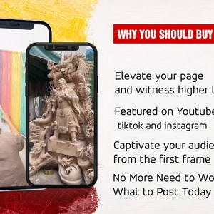 Mobile screen display of vibrant yarn art and intricate dragon sculpture, highlighting the benefits of content elevation, increased likes, and platform features, with a compelling message to captivate the audience from the get-go