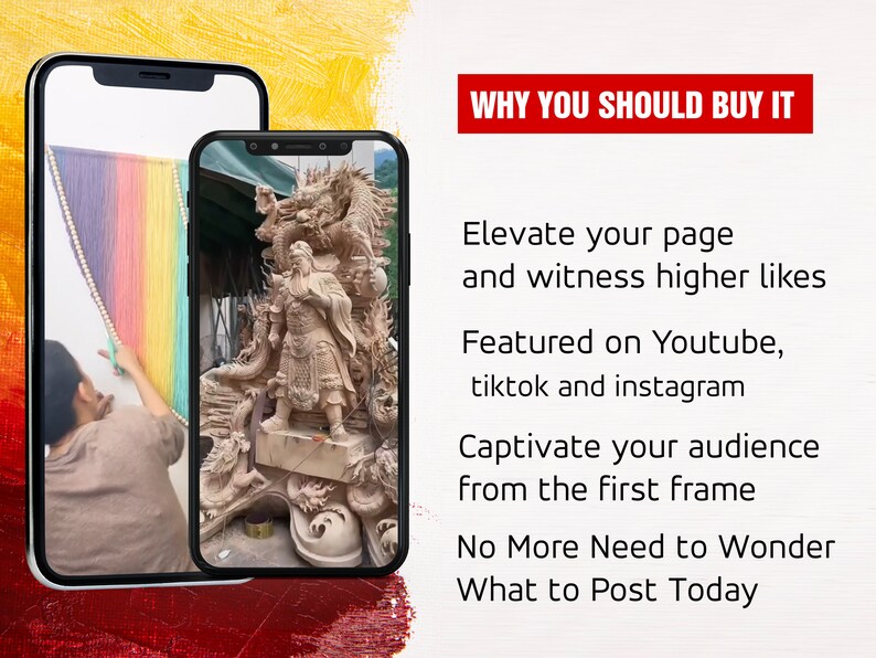 Mobile screen display of vibrant yarn art and intricate dragon sculpture, highlighting the benefits of content elevation, increased likes, and platform features, with a compelling message to captivate the audience from the get-go