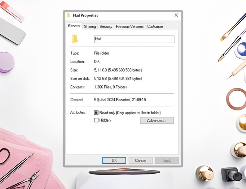 May include: A screenshot of a Windows file properties window showing the details of a folder named "Nail". The folder is located on the D drive and contains 1,366 files and 0 folders. The folder was created on February 5, 2024 at 9:09 PM.