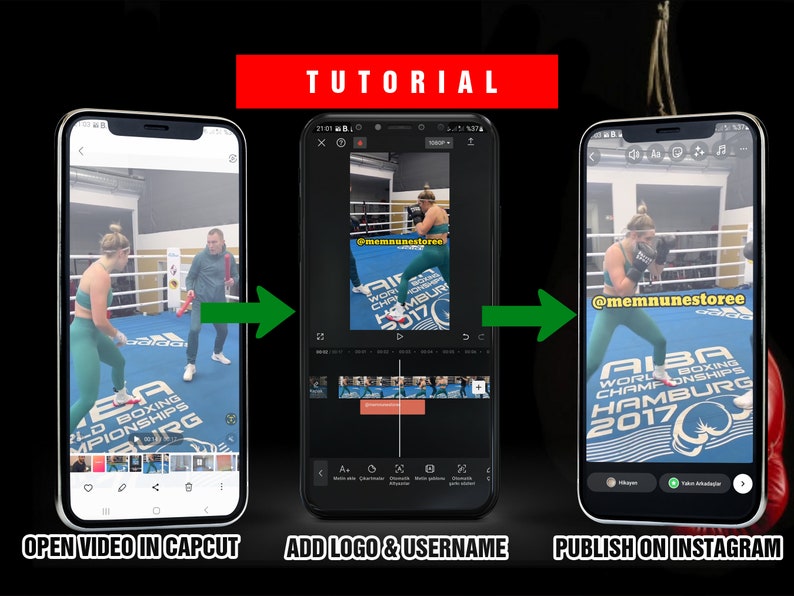 May include: A tutorial on how to add a logo and username to a video using the CapCut app and then publish it on Instagram. The video shows a woman boxing in a ring.