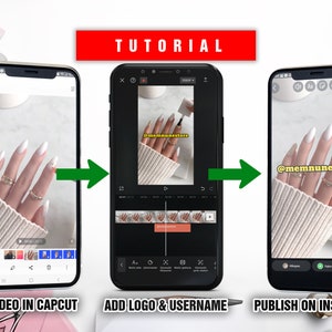 May include: A tutorial on how to create and publish a video on Instagram using the CapCut app. The tutorial shows how to add a logo and username to the video before publishing it. The video features a close-up of a hand with white and gold nail polish.