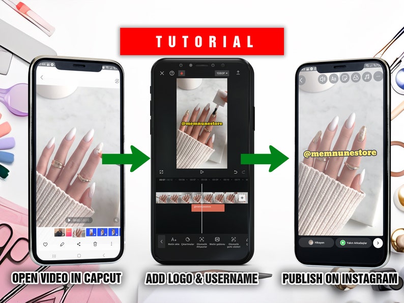 May include: A tutorial on how to create and publish a video on Instagram using the CapCut app. The tutorial shows how to add a logo and username to the video before publishing it. The video features a close-up of a hand with white and gold nail polish.