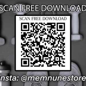 May include: A black and white QR code with the text "SCAN FREE DOWNLOAD" above it and "insta: @memnunstore" below it. Two gray dumbbells are on either side of the QR code.