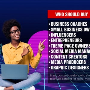 May include: A woman sits with a laptop on her lap, pointing to a list of professions that could benefit from using the product. The list includes business coaches, small business owners, influencers, entrepreneurs, theme page owners, social media managers, content creators, media producers, and graphic designers. The text reads "WHO SHOULD BUY" in red.