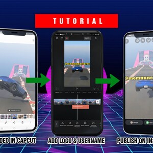 May include: A tutorial on how to add a logo and username to a video using the CapCut app and then publish it on Instagram. The image shows three screenshots of a smartphone screen. The first screenshot shows a video of a car driving on a track. The second screenshot shows the CapCut app with the video in the editing window. The third screenshot shows the Instagram app with the video ready to be published.