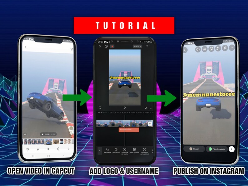 May include: A tutorial on how to add a logo and username to a video using the CapCut app and then publish it on Instagram. The image shows three screenshots of a smartphone screen. The first screenshot shows a video of a car driving on a track. The second screenshot shows the CapCut app with the video in the editing window. The third screenshot shows the Instagram app with the video ready to be published.