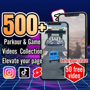 May include: A digital marketing ad for a collection of over 500 parkour and game videos. The ad features a phone screen displaying a video game and a phone screen displaying a parkour video. The ad also includes social media icons for Instagram, TikTok, and YouTube. The text on the ad reads "500+ Parkour & Game Videos Collection Elevate your page before purchase 50 free video thank you my friend".