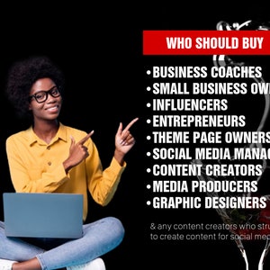 May include: A woman in a yellow shirt and blue jeans sits cross-legged on a black background. She is pointing to the right side of the image, where text reads "WHO SHOULD BUY" followed by a list of professions, including business coaches, small business owners, influencers, entrepreneurs, theme page owners, social media managers, content creators, media producers, and graphic designers. The text also states "& any content creators who struggle to create content for social media."
