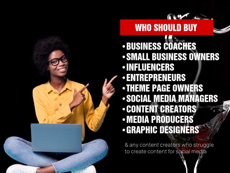 May include: A woman in a yellow shirt and blue jeans sits cross-legged on a black background. She is pointing to the right side of the image, where text reads "WHO SHOULD BUY" followed by a list of professions, including business coaches, small business owners, influencers, entrepreneurs, theme page owners, social media managers, content creators, media producers, and graphic designers. The text also states "& any content creators who struggle to create content for social media."