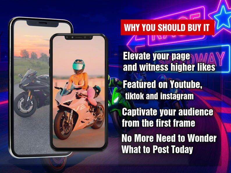 May include: Two smartphone screens displaying images of motorcycles. The left screen shows a black motorcycle with a rider. The right screen shows a pink motorcycle with a woman rider wearing a helmet. The text on the screen reads "WHY YOU SHOULD BUY IT", "Elevate your page", "and witness higher likes", "Featured on Youtube, tiktok and instagram", "Captivate your audience from the first frame", "No More Need to Wonder What to Post Today".