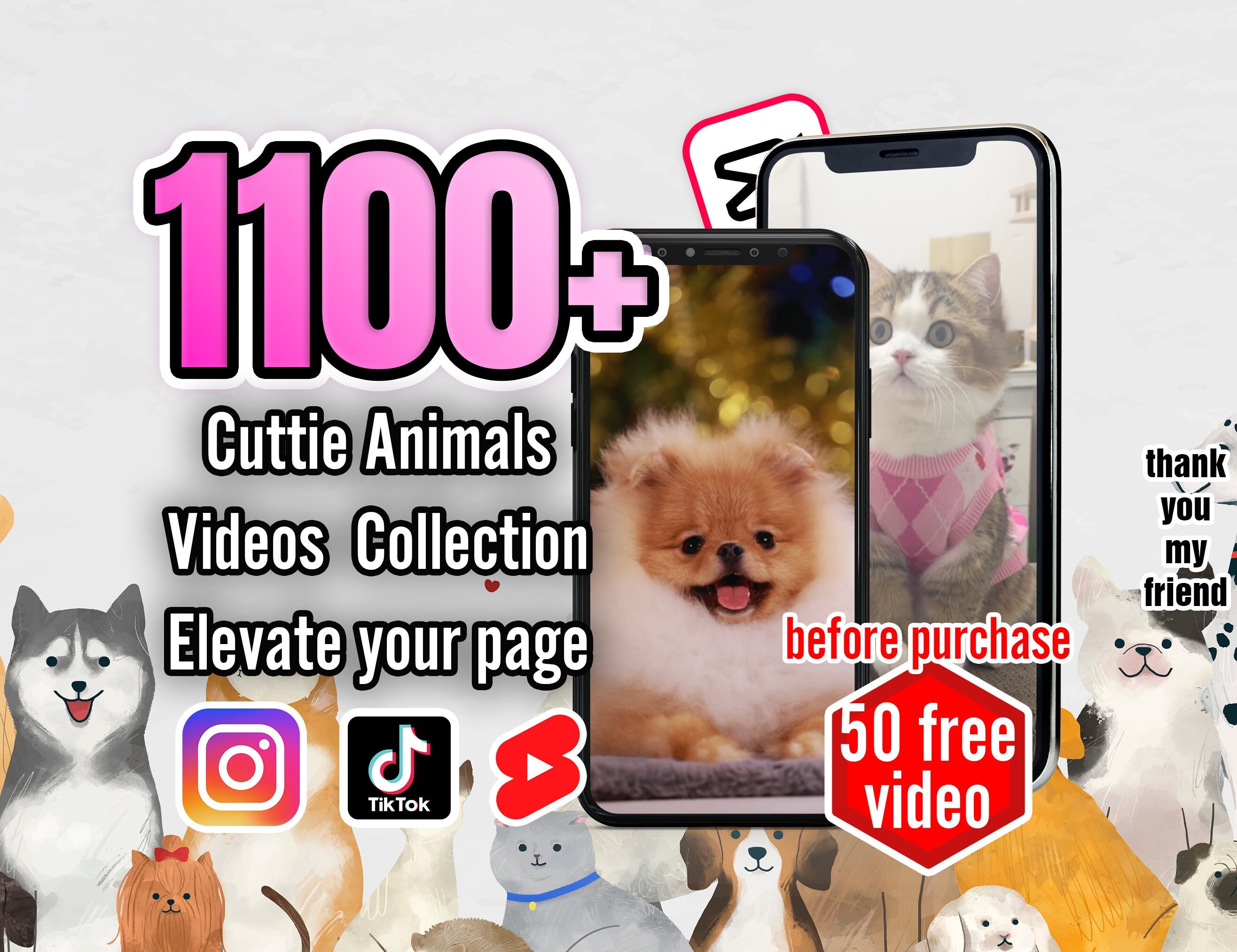Eleve suas mídias sociais com mais de 1100 vídeos fofos de animais premium | TikTok, YouTube Shorts, Instagram | Paraíso dos amantes de animais de estimação! | para influenciadores