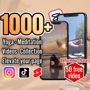 May include: A digital image promoting a collection of over 1,000 yoga and meditation videos. The image features two phone screens displaying yoga poses, with text that reads "1000+ Yoga - Meditation Videos Collection Elevate your page" and "before purchase 50 free video".