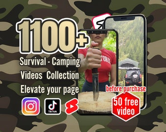 May include: A digital marketing image promoting a collection of over 1100 survival and camping videos. The image features a woman holding a knife, a car with a tent on top, and a red hexagon with the text "50 free video" inside. The image also includes social media icons for Instagram, TikTok, and YouTube.