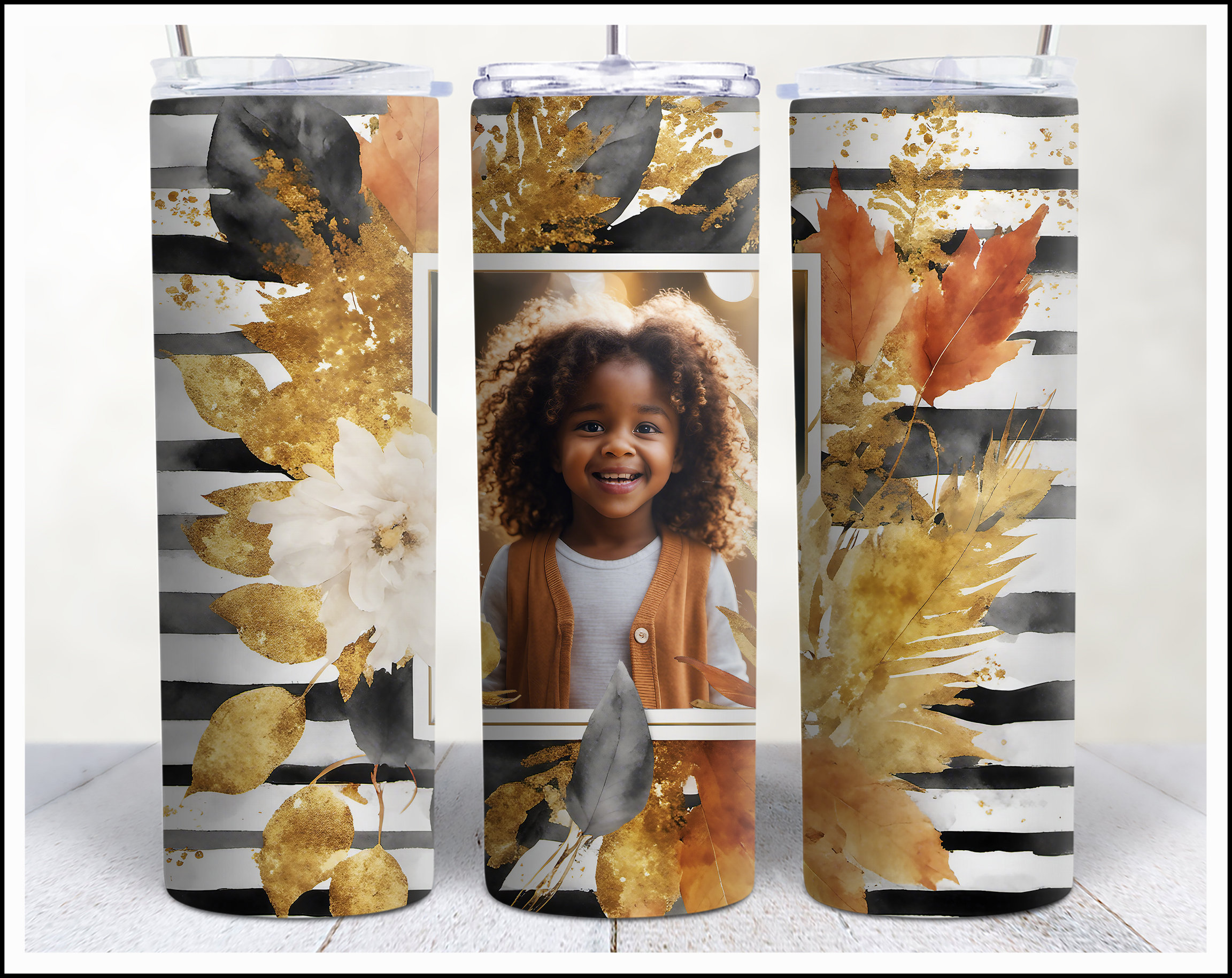 Fall 20oz Photo Tumbler Wrap Design, Add Your Own Photo Quote or Name, Autumn Floral Picture Frame Tumbler PNG Sublimation Digital Download