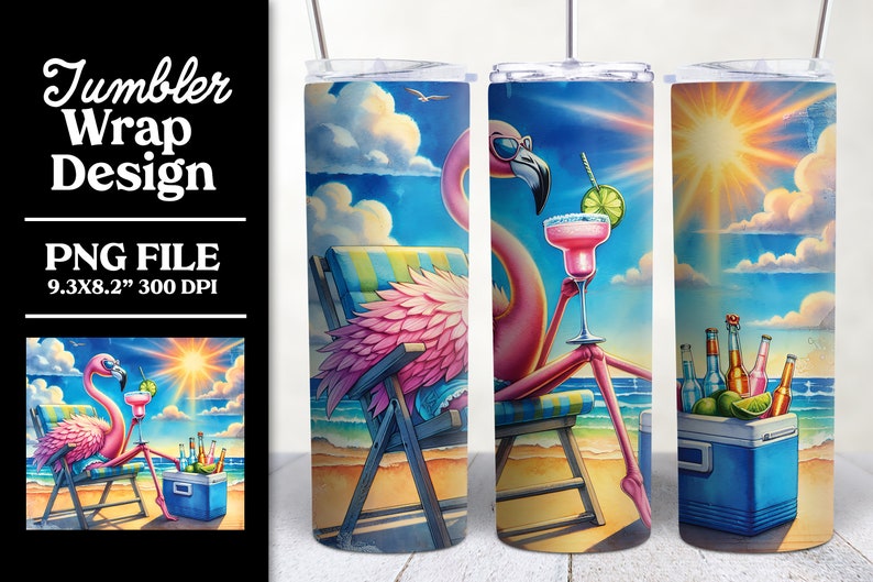 Flamingo Beach Tumbler Wrap, Funny Summer Design (PNG Digital Download) image 2