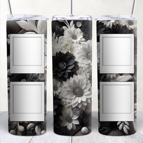 3D Black White Floral Photo Tumbler Template, Png Sublimation Photo Collage 20oz Skinny Tumbler, 3D Floral Picture Tumbler Wrap PNG