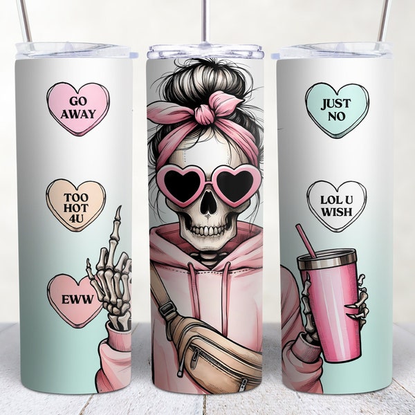 Valentine's Day Tumbler Wrap, Skull Heart Conversation Candy 20oz Skinny Tumbler Sublimation Design PNG, Digital Download