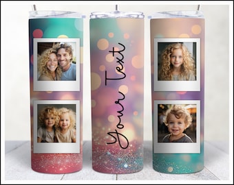 Glitter Photo Tumbler Template, Png Sublimation Photo Collage 20oz Skinny Tumbler, Polaroid Frame, Waterslide Full Wrap, Add Text and Photos
