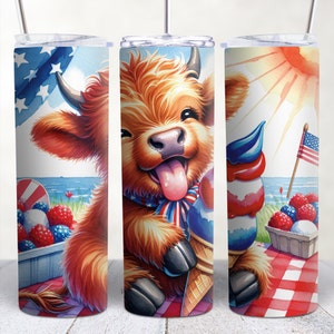 Cute 4th of July Highland Cow Tumbler wrap 20oz Skinny Tumbler Sublimation Design, USA Patriotic America Tumbler Wrap PNG Designs