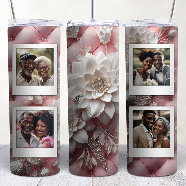 Pretty Pink Photo Tumbler Template, Png Sublimation Photo Collage 20oz Skinny Tumbler, Pink Floral Picture Tumbler Wrap PNG