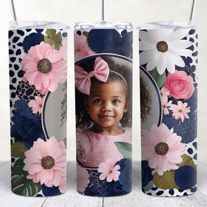 Photo Tumbler Template, Png Sublimation Photo 20oz Skinny Tumbler, Pink and Navy Blue Floral, Waterslide Full Wrap, Add Text Pictures