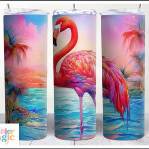 Rainbow Flamingo With Palm Trees Neon 20 oz Skinny Tumbler Sublimation Design, Rainbow Colors, Straight & Tapered Tumbler Wrap PNG
