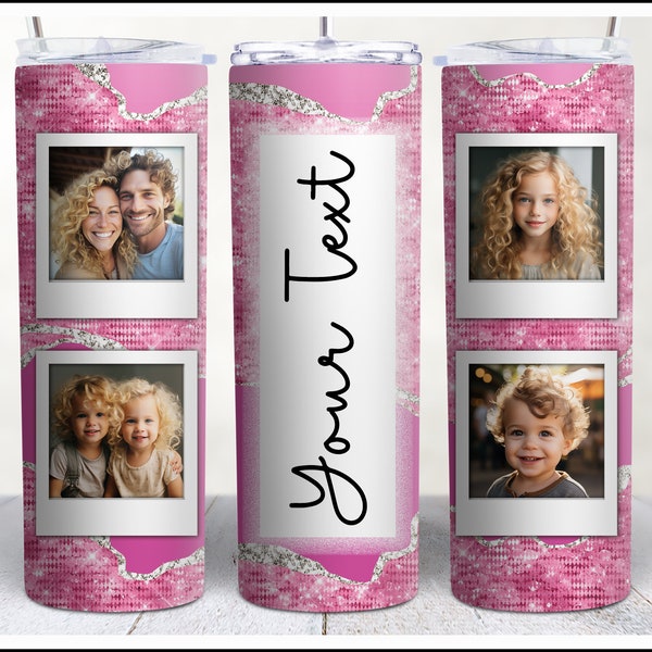 Pink Glitter Photo Tumbler Sublimation Design Template Png Wrap Picture Collage 20oz Skinny Tumbler DIY Custom Add Your Photos Text