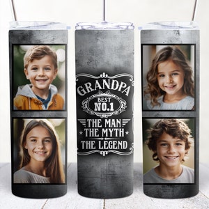 Peut inclure: Un gobelet en acier inoxydable avec un design gris et noir. Le gobelet présente un collage de photos de trois enfants et le texte "Grandpa Best No.1 The Man The Myth The Legend".