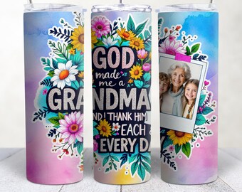 Grandma Photo Tumbler PNG Wrap, Floral Sublimation Design (Digital Download)