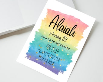 Editable Rainbow Birthday Invitation Template: Watercolor Party (Canva, Instant Download)