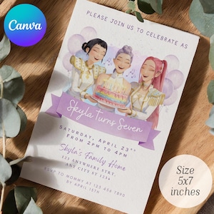 May include: A birthday party invitation featuring three smiling cartoon figures holding a cake. The invitation is lavender and white, with the text "Skyla Turns Seven" and event details. The invitation is 5x7 inches.