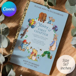 May include: A light blue 5x7 inches invitation card featuring watercolor illustrations of storybook characters including a bear, a rabbit, and a caterpillar. The text reads: PLEASE JOIN US TO CELEBRATE, Oliver's FIRST CHAPTER, SATURDAY, APRIL 23RD.